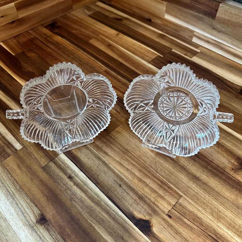 Pair 6" Clover Shape Glass Candy Nut Dishes Sawtooth Edge Shamrock Mint Bowls